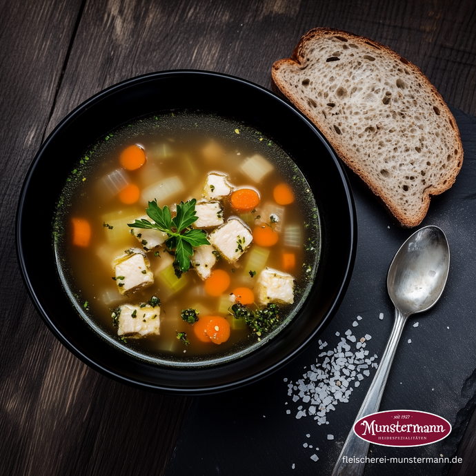 Suppe mit Brühe und Hühnchen