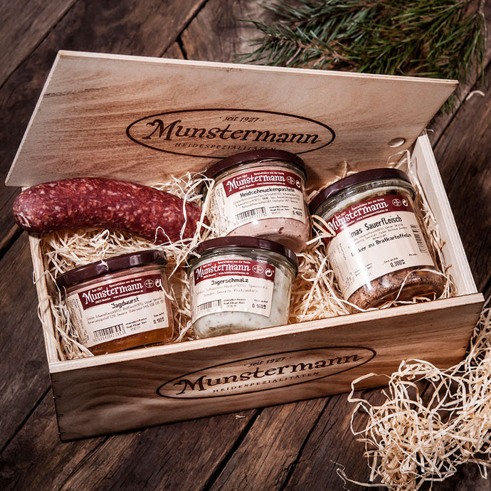 Präsentkiste, Heidespezialitäten, Fleisch- und Wurstware, Feinkost